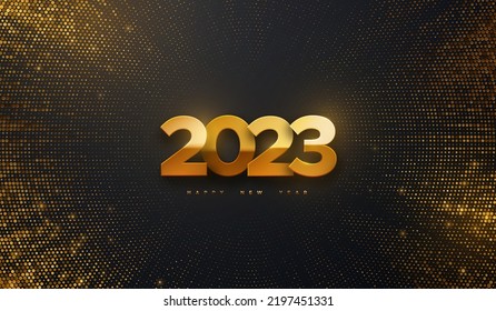 Happy New 2023 Year. Vector holiday illustration. Golden 2023 numbers on black background textured with shimmering glitters. Festive event banner with bursting light rays. Modern cover design