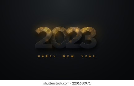 Happy New 2023 Year. Vector holiday illustration. Black paper 2023 numbers textured with glittering golden particles isolated on black background. Shimmering papercut sign. Festive banner template