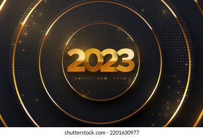 Alles Gute zum neuen Jahr 2023. Vektorgrafik der goldenen Zahlen 2023 auf schwarz-radialem Hintergrund, strukturiert mit goldglänzenden Strichen.