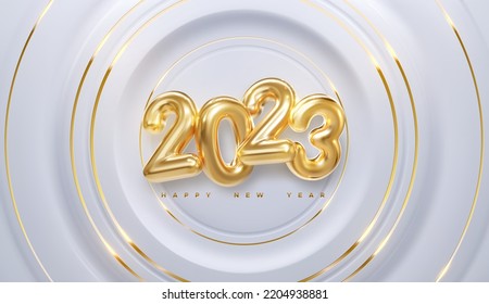 Happy New 2023 Year. Vector holiday illustration of golden numbers 2023. White and gold radial shapes background. 3d new year sign. Festive poster or banner design. Party invitation