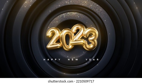 Happy New 2023 Year. Vector holiday illustration of golden numbers 2023 on black radial background textured with gold shiny glitters