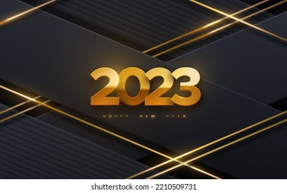 Happy New 2023 Year. Vector holiday illustration of golden numbers 2023 on black geometric background textured with gold glittering strokes.