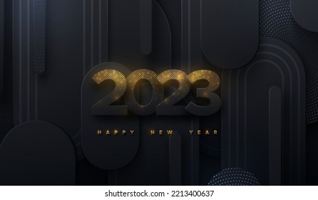 Happy New 2023 Year. Vector holiday illustration. Black paper numbers textured with glittering golden particles on black paper cut background. Shimmering papercut sign. Festive banner template