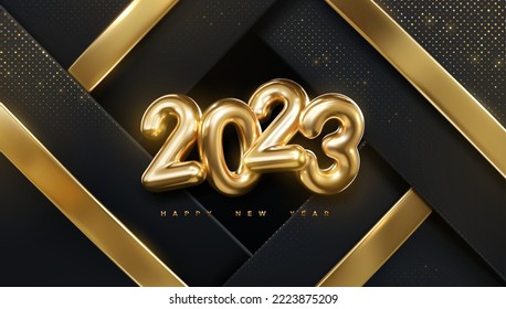 Happy New 2023 Year. Vector holiday illustration of golden numbers 2023 on black geometric background textured with gold ribbons and glitters