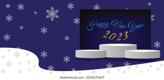Feliz Nuevo 2023 Año Vector color azul fondo Colgando números dorados 2023 con copos de nieve, bolas y fondo azul. Tarjeta de saludo de Año Nuevo o plantilla de banner.