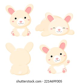 Happy New 2023 Year of the Water Rabbit. Set of cute cartoon bunny in various poses. Isolated on white background. Collection of funny rabbits -  sitting and sleeping. Vector illustration EPS8