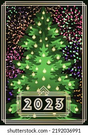 Happy New 2023 year , xmas tree in style art deco, vector illustration