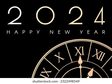 Happy New 2024 Eear elegant gold text ad clock. Minimal text template