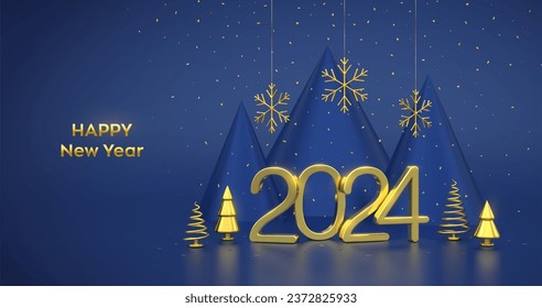 Happy New 2024 Year. 3D Golden metallic numbers 2024 with metallic cone shape pine, spruce trees, gold snowflakes and confetti on blue background. Xmas background, card, header. Vector illustration.