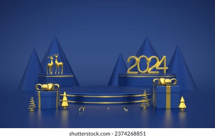 Happy New 2024 Year. 3D Golden metallic numbers 2024 on blue stage podium. Scene, round and cube platform with gift boxes, realistic golden deers, metallic pine spruce trees on blue background. Vector