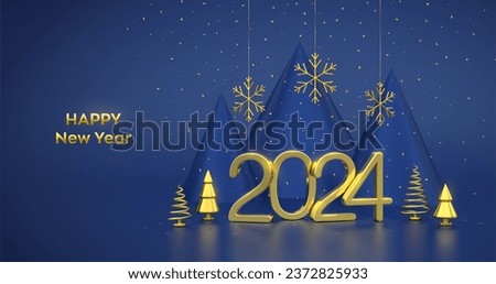 Happy New 2024 Year. 3D Golden metallic numbers 2024 with metallic cone shape pine, spruce trees, gold snowflakes and confetti on blue background. Xmas background, card, header. Vector illustration.