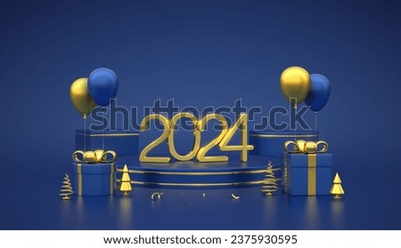 Happy New 2024 Year. 3D Golden metallic numbers 2024 on blue stage podium. Scene platforms with gift boxes and golden metallic pine, spruce trees and festive helium balloons. Vector illustration.