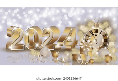 Happy New 2024 year banner with clock and xmas balls , vector illustration