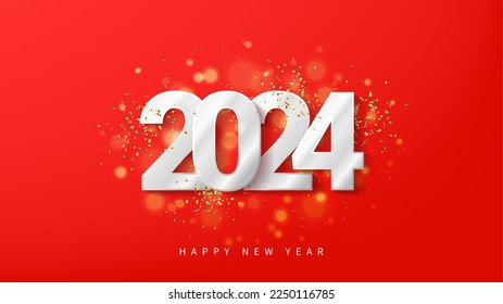 Happy New 2024 Year card. 3d silver number 2024 isolated on red background with sparkles. Vector illustration for decoration of New Year events, banners, posters and flyers. Bright symbol of 2024.