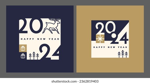 Happy New 2024 Year card template set with deer and gifts. Minimal text template.