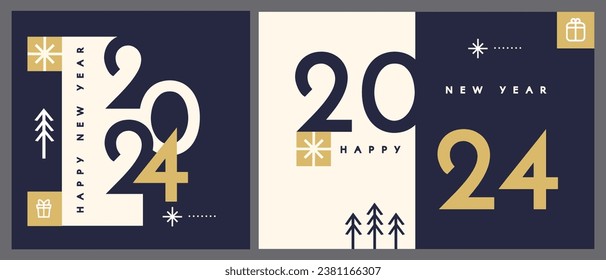 Happy New 2024 Year card template set with deer and gifts. Minimal text template.