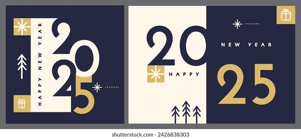 Happy New 2024 Year card template set with deer and gifts. Minimal text template.