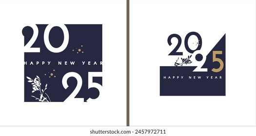 Happy New 2024 Year card template set with winter branch and snow. Minimal text template