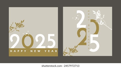 Feliz Nuevo año 2024 Plantilla de tarjeta con rama de invierno y nieve. Plantilla mínima de texto