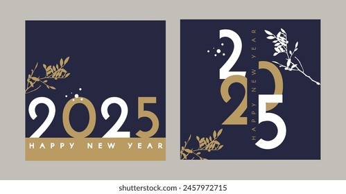 Happy New 2024 Year card template set with winter branch and snow. Minimal text template