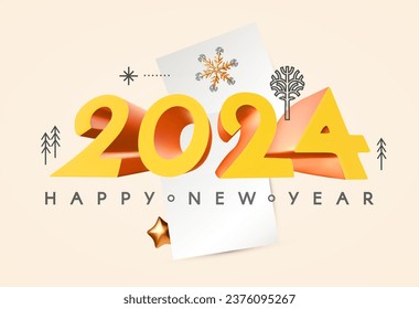 Happy New 2024 Year celebration poster template with snowflakes, fir trees and celebration paper