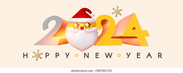 Happy New 2024 Year celebration poster template with Santa Claus funny face