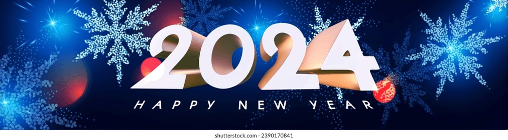 Happy New 2024 Year celebration poster template with snowflakes and bokeh ight effect