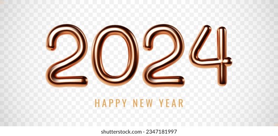Happy New 2024 Year. Christmas Holiday Illustration of Golden Metallic Numbers 2024 Isolated on Transparent Background. Realistic 3D Sign. Festive Poster or Banner Design. Vector Illustration