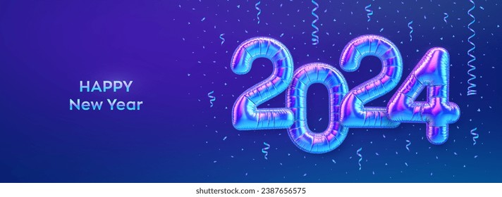 Happy New 2024 Year. Colorful foil balloon numbers on blue background. High detailed 3D iridescent foil helium balloons. Merry Christmas and Happy New Year 2024 greeting card. Vector illustration.