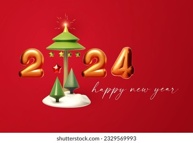 Happy New 2024 Year design template with gift box, gold stars and fir tree. Happy holidays. Special season offer