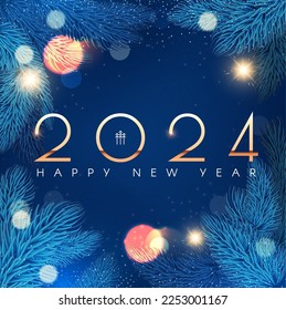 Happy new 2024 year Elegant gold text with fir tree branches and light effects