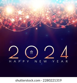 Happy new 2024 year Elegant gold text with fireworks and light effects