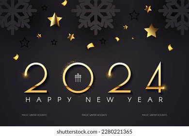 Happy new 2024 year Elegant gold text with confetti and smowflakes. Minimal text template