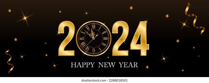 Happy new 2024 year Elegant gold text with fireworks, clock and light. Minimalistic text template.