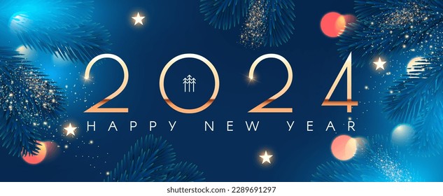 Happy new 2024 year Elegant gold text with fir tree branches and light effects