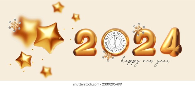 Happy New 2024 Year Elegant gold 3D text with stars. Minimal text template.