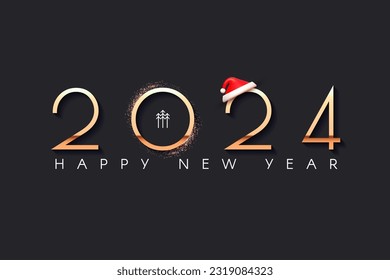 Happy New 2024 Year elegant gold text with Santa Claus hat. Minimal text template.