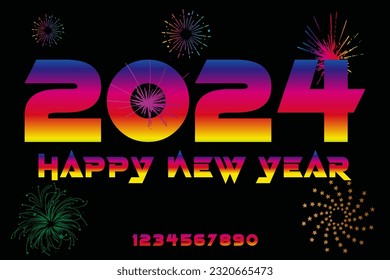 Happy New 2024 Year elegant gradient text with fireworks and light effects. Happy New Year 2024.