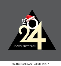 Happy New 2024 Year elegant gold text with Santa Claus hat. Minimal text template