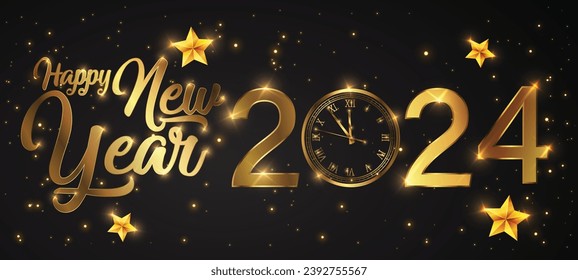 Happy new 2024 year Elegant gold text with fireworks, clock and light. Minimalistic text template.