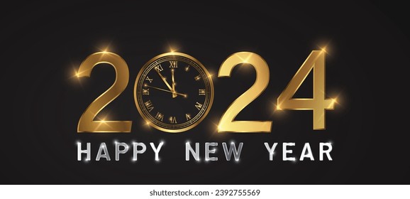 Happy new 2024 year Elegant gold text with fireworks, clock and light. Minimalistic text template.