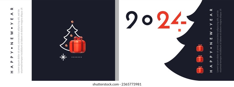 Happy New 2024 Year flyer template set. 3D and paper design. Season winter offer