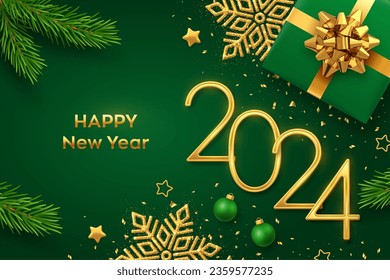 Free Vector  Happy new 2024 year holiday vector illustration of golden  metallic numbers 2024 gold numbers design of greeting card of falling shiny  confetti new year and christmas posters