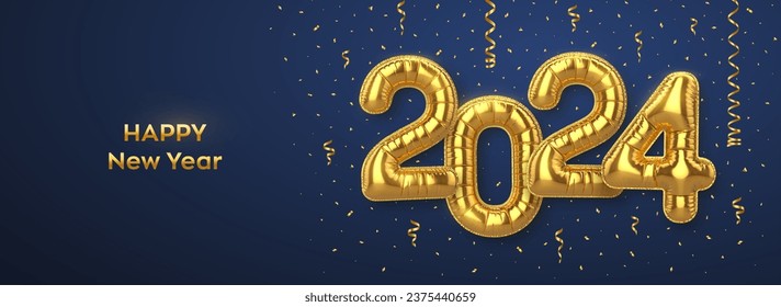 Happy New 2024 Year. Golden foil balloon numbers on blue background. High detailed 3D realistic gold foil helium balloons. Merry Christmas and Happy New Year 2024 greeting card. Vector illustration.