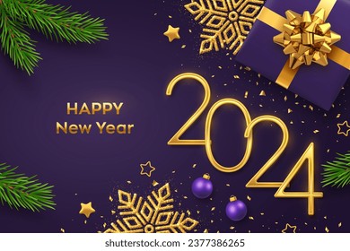 Happy New 2024 Year. Golden metallic numbers 2024 with gift box, shining snowflake, pine branches, stars, balls and confetti on purple background. New Year greeting card or banner template. Vector.