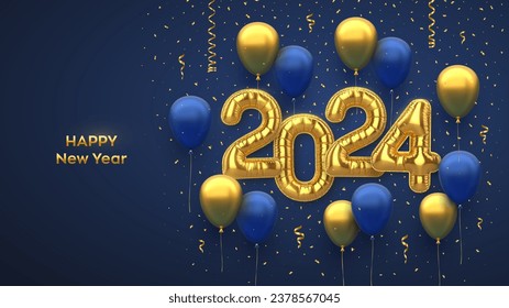 Feliz Año Nuevo 2024. Números de globos dorados y globos inflables de vacaciones en fondo azul. Globos de helio de lámina de oro realistas en 3D. Tarjeta de felicitación de Navidad. Ilustración vectorial.