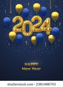 Happy New 2024 Year. Golden foil balloon numbers and inflatable holiday balloons on blue background. High detailed 3D realistic gold foil helium balloons. Christmas greeting card. Vector illustration.