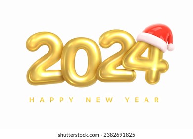 Happy New 2024 Year! Greeting Card. Gold number 2024 with red Santa Claus Hat isolated on white background. Christmas Decoration. Calendar 2024 Header. Holiday Poster. Realistic 3d Vector illustration