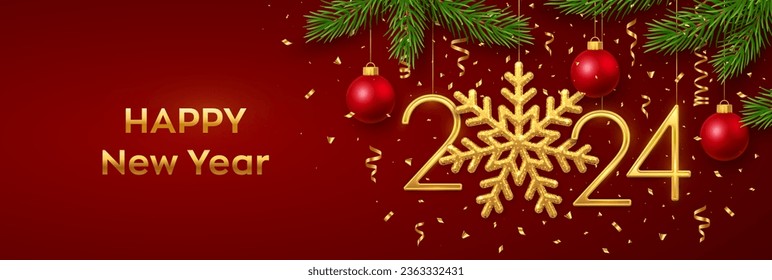 Happy New 2024 Year. Hanging Golden metallic numbers 2024 with snowflake, balls, pine branches and confetti on red background. New Year greeting card or banner template. Holiday decoration. Vector.