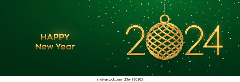 Happy New 2024 Year. Hanging Golden metallic numbers 2024 with shining 3D gold ball bauble and confetti on green background. New Year greeting card, banner, header template. Vector illustration.